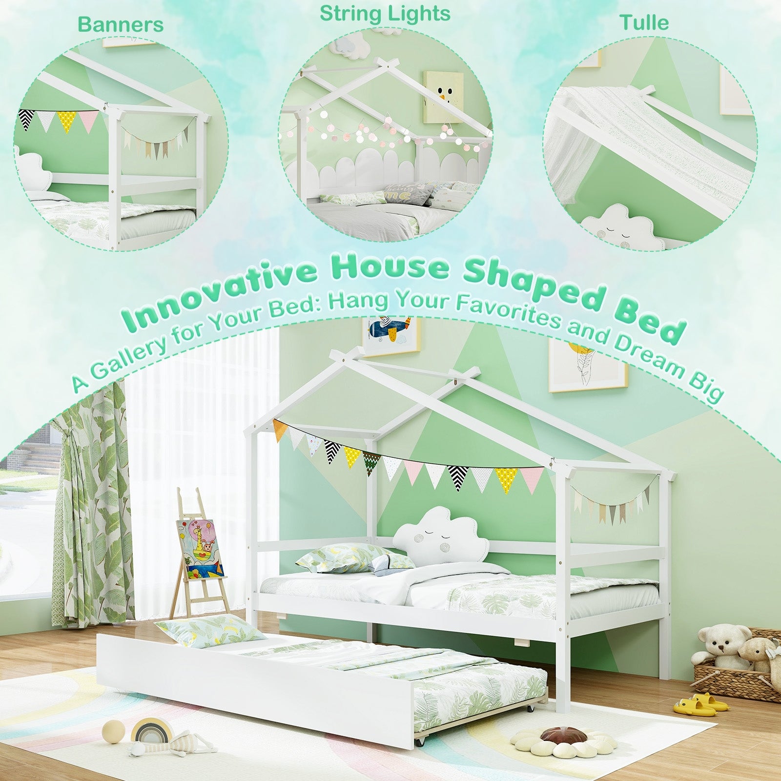 Kids Twin Size House Bed with Trundle and Roof, White Trundle Bed Frame   at Gallery Canada