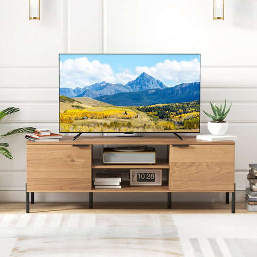 2-Door TV Stand with Charging Station and Open Shelves for TVs up to 65 Inches, Natural