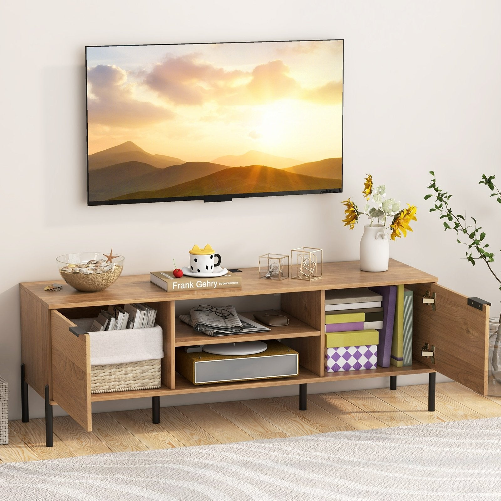 2-Door TV Stand with Charging Station and Open Shelves for TVs up to 65 Inches, Natural Entertainment Centers & TV Stands at Gallery Canada