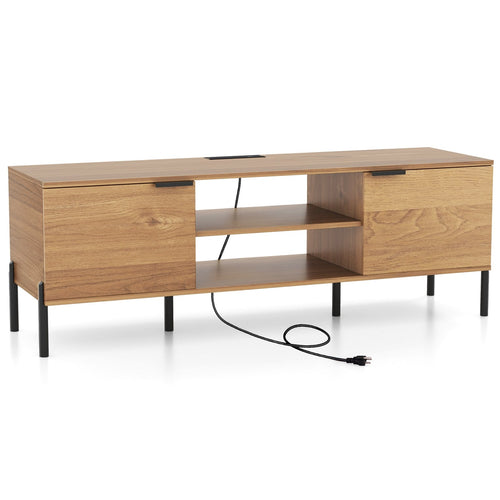 2-Door TV Stand with Charging Station and Open Shelves for TVs up to 65 Inches, Natural