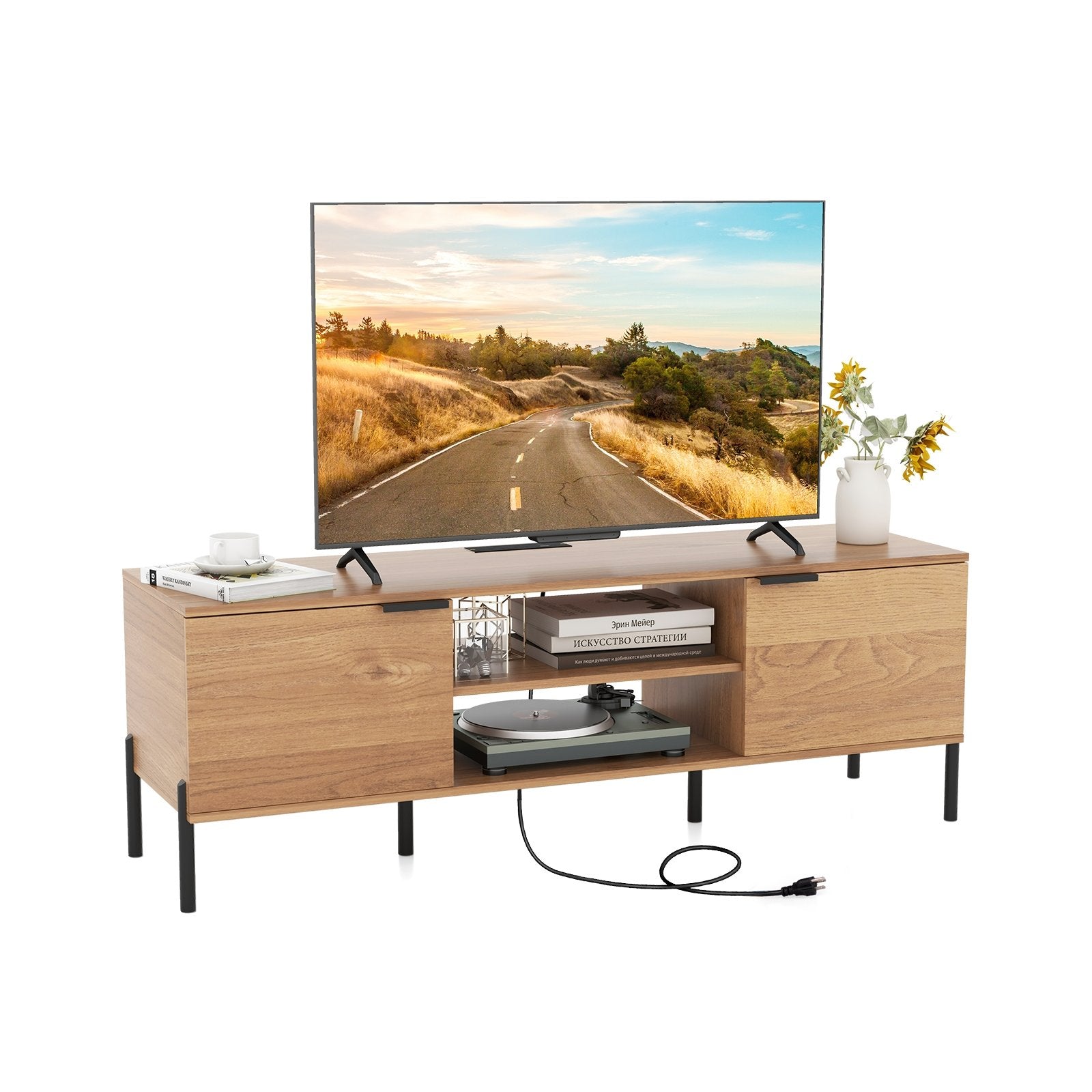 2-Door TV Stand with Charging Station and Open Shelves for TVs up to 65 Inches, Natural Entertainment Centers & TV Stands at Gallery Canada