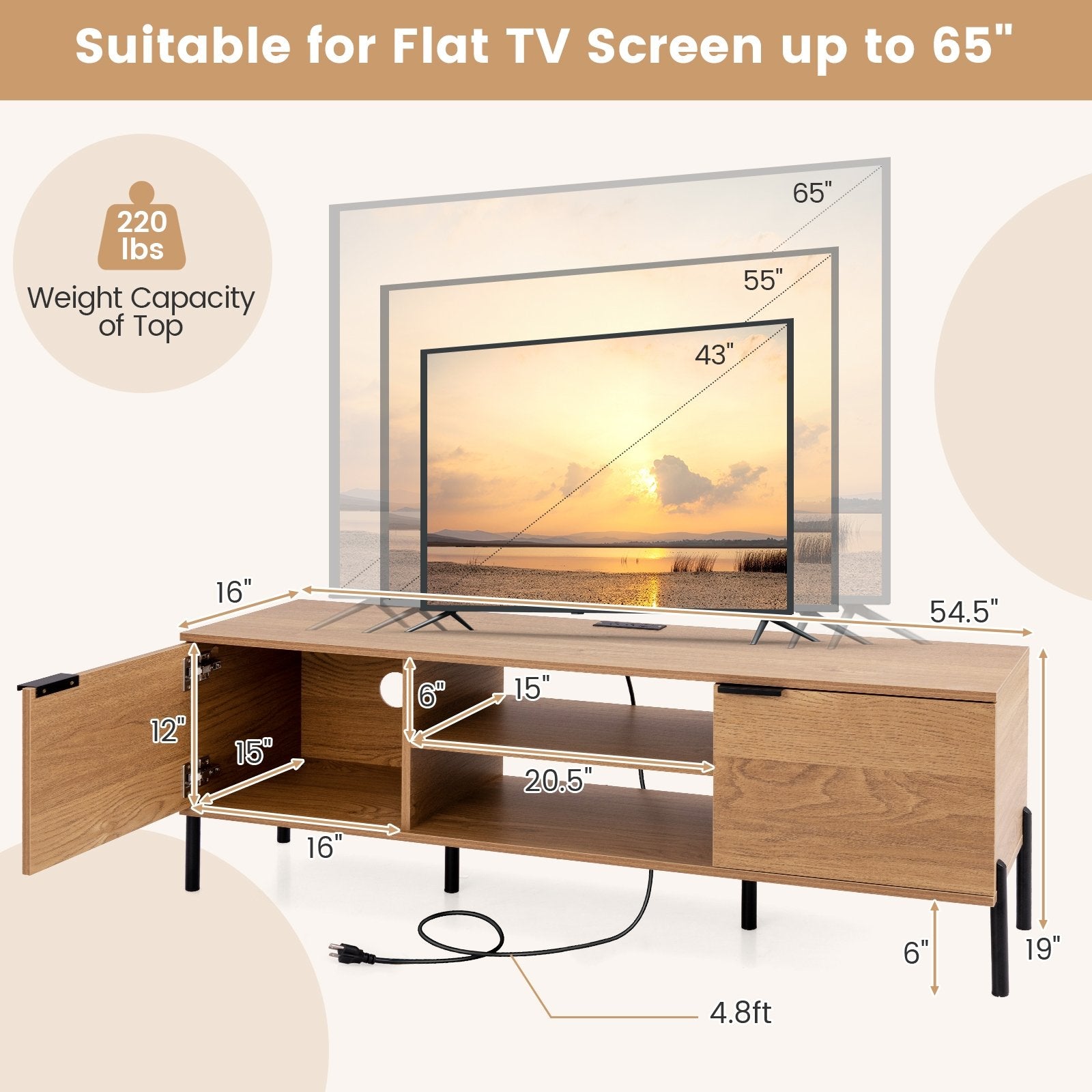 2-Door TV Stand with Charging Station and Open Shelves for TVs up to 65 Inches, Natural Entertainment Centers & TV Stands at Gallery Canada