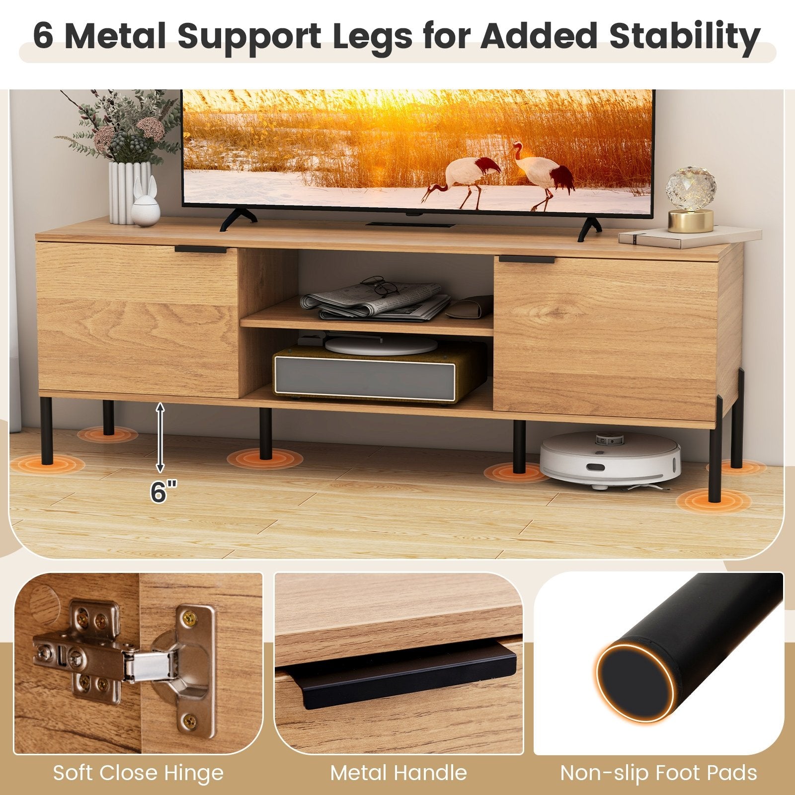 2-Door TV Stand with Charging Station and Open Shelves for TVs up to 65 Inches, Natural Entertainment Centers & TV Stands at Gallery Canada