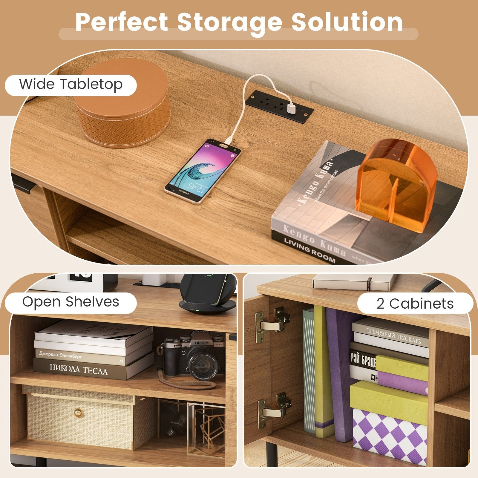 2-Door TV Stand with Charging Station and Open Shelves for TVs up to 65 Inches, Natural Entertainment Centers & TV Stands at Gallery Canada