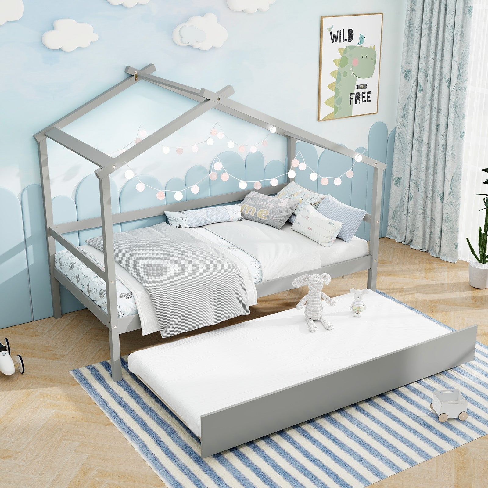 Kids Twin Size House Bed with Trundle and Roof, Gray Trundle Bed Frame   at Gallery Canada