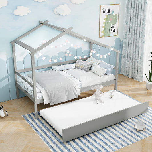 Kids Twin Size House Bed with Trundle and Roof, Gray Trundle Bed Frame Gray  at Gallery Canada