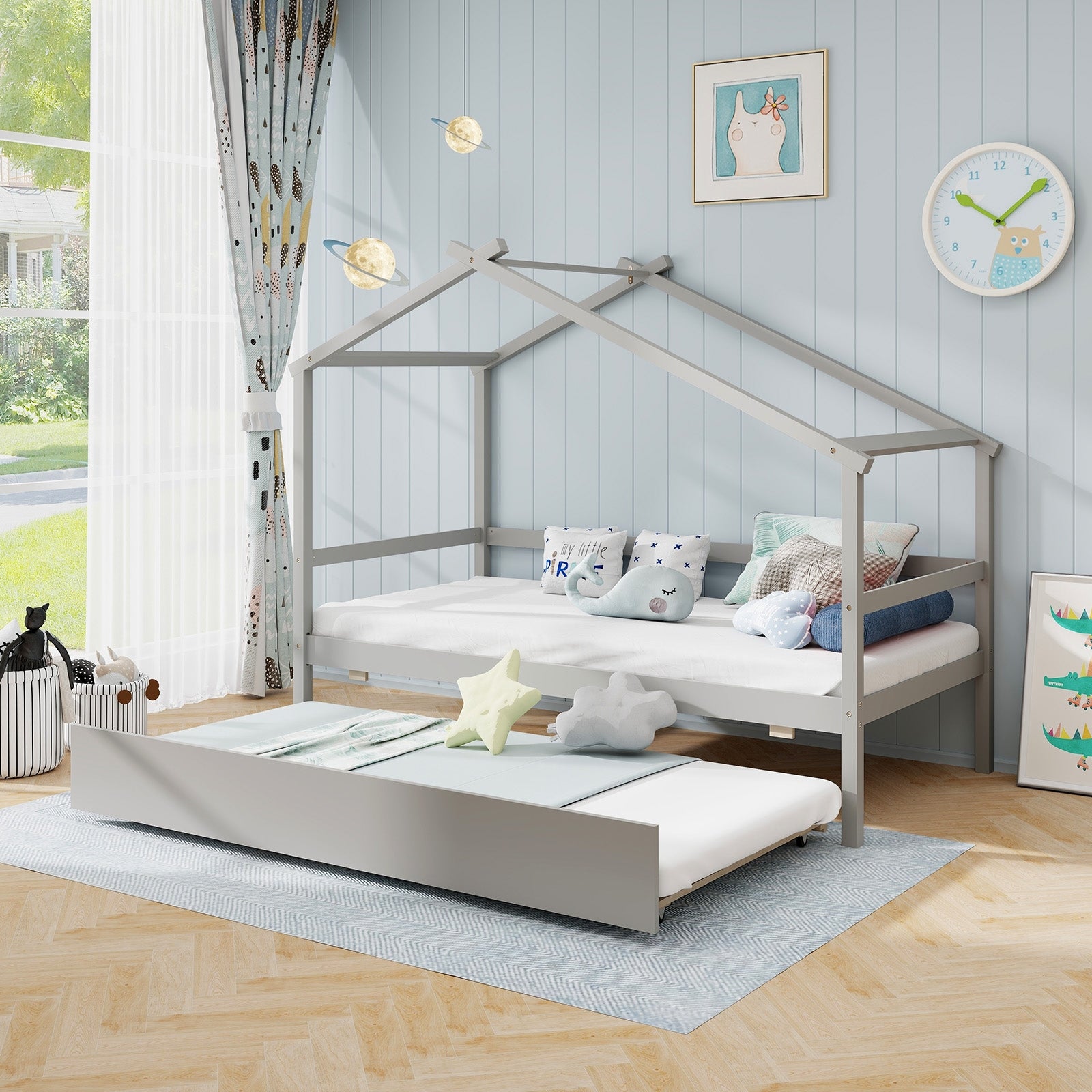 Kids Twin Size House Bed with Trundle and Roof, Gray Trundle Bed Frame   at Gallery Canada