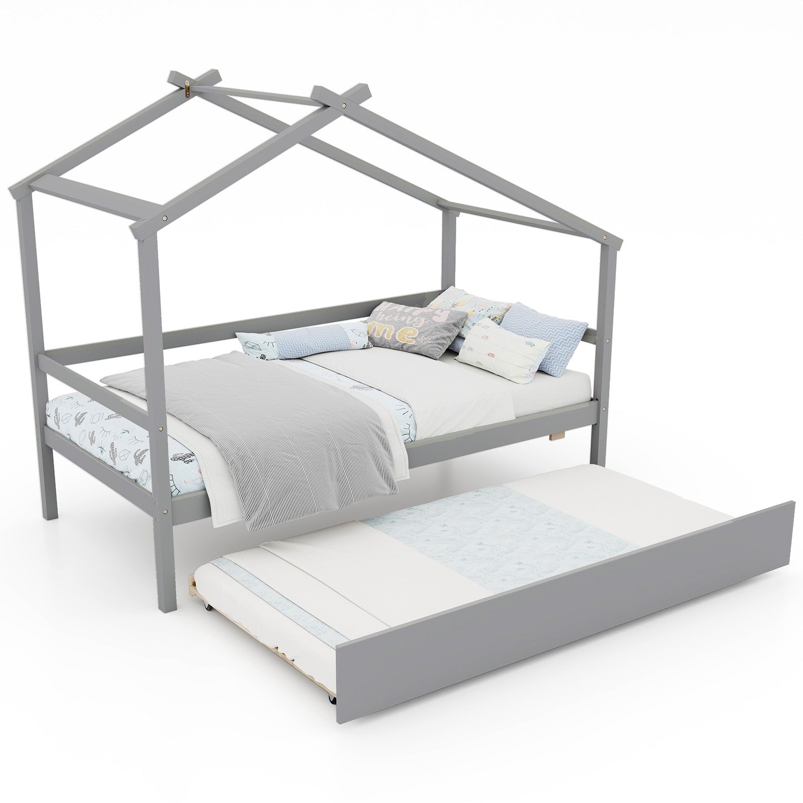 Kids Twin Size House Bed with Trundle and Roof, Gray Trundle Bed Frame   at Gallery Canada