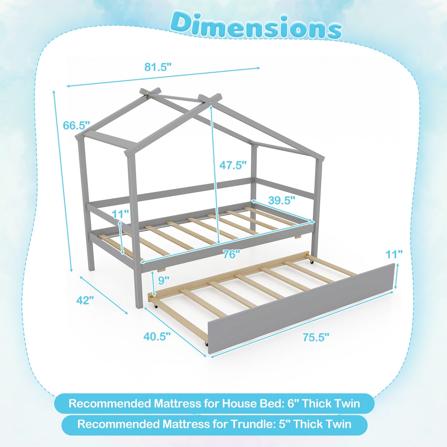 Kids Twin Size House Bed with Trundle and Roof, Gray Trundle Bed Frame   at Gallery Canada