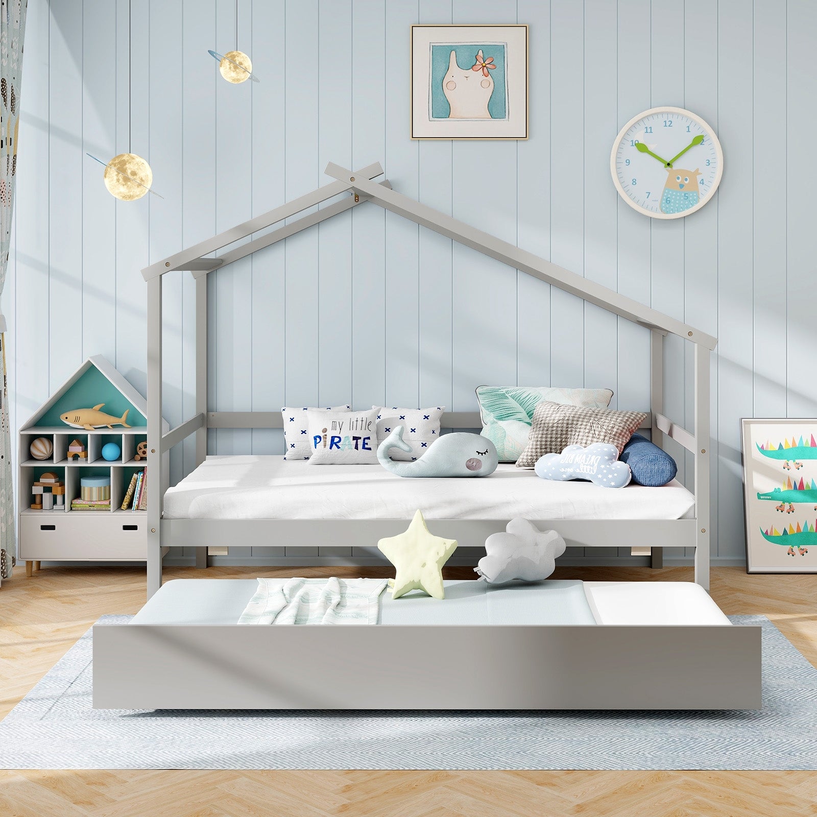 Kids Twin Size House Bed with Trundle and Roof, Gray Trundle Bed Frame   at Gallery Canada