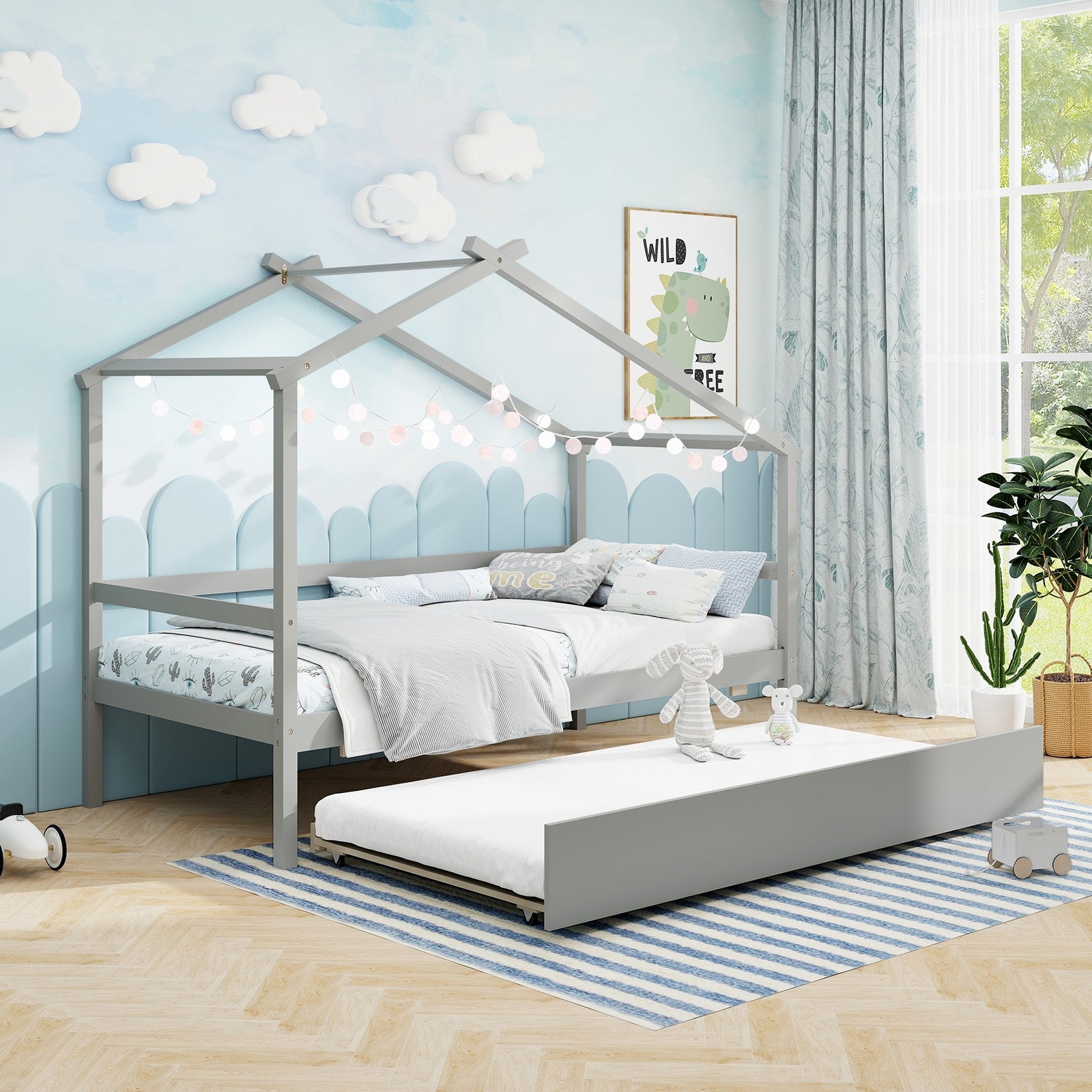 Kids Twin Size House Bed with Trundle and Roof, Gray Trundle Bed Frame   at Gallery Canada