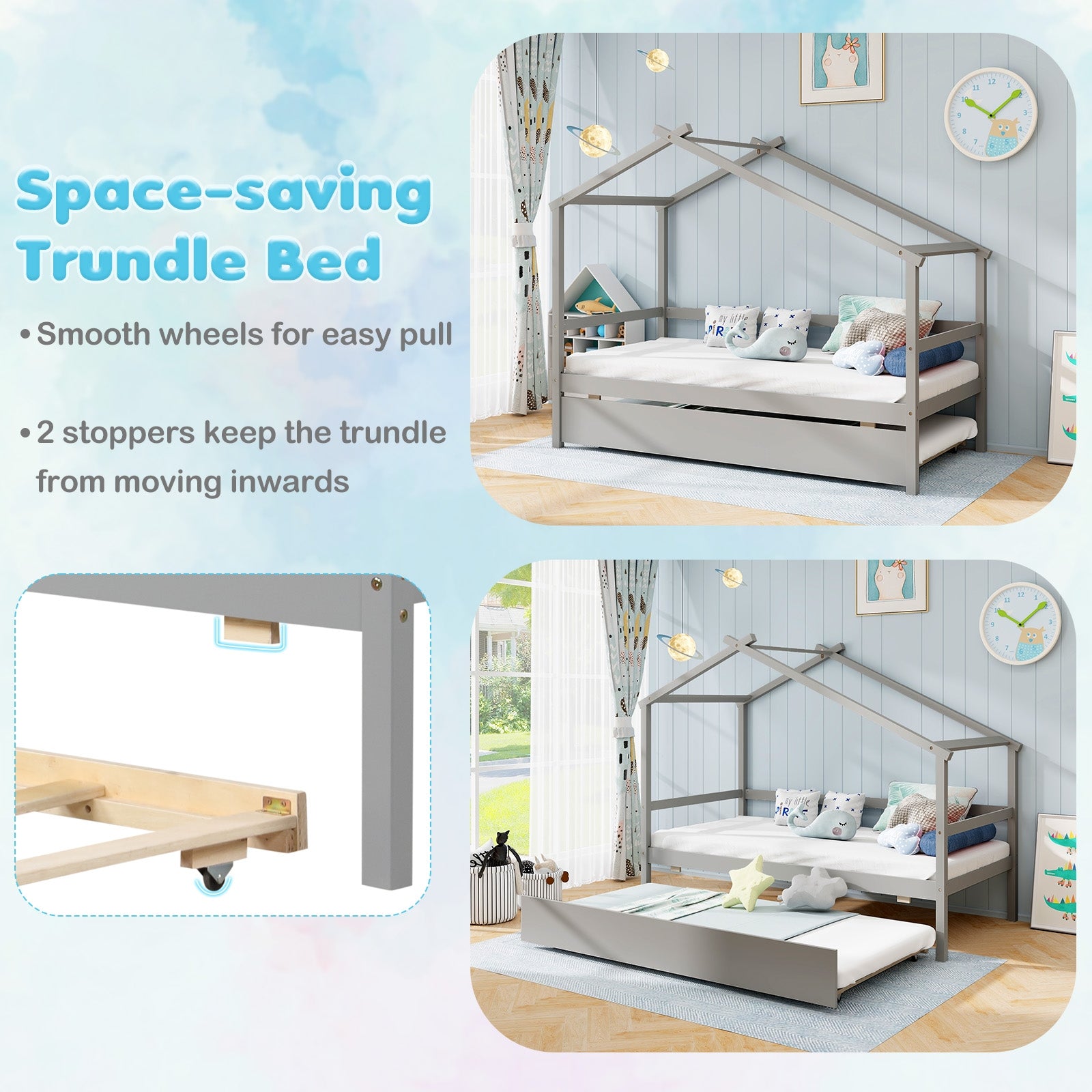 Kids Twin Size House Bed with Trundle and Roof, Gray Trundle Bed Frame   at Gallery Canada