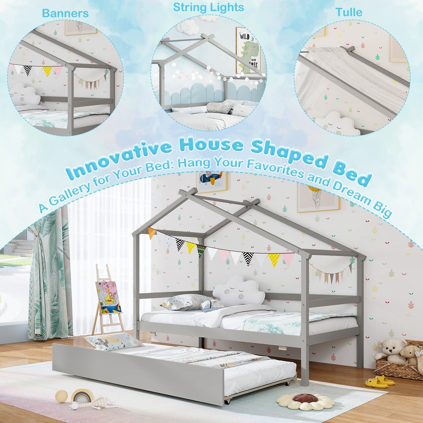 Kids Twin Size House Bed with Trundle and Roof, Gray Trundle Bed Frame   at Gallery Canada