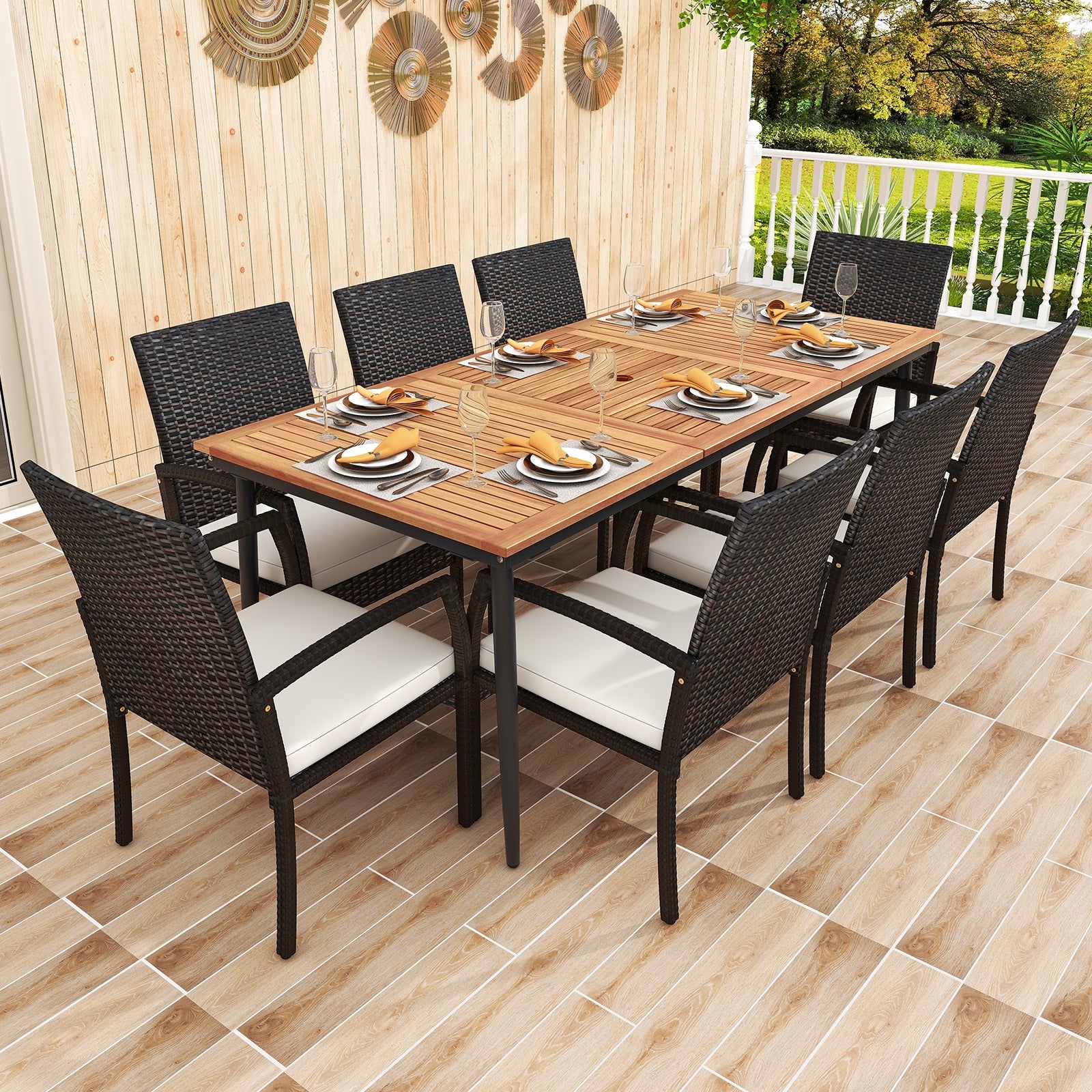 9-Piece Patio Dining Set with Umbrella Hole and 8 Rattan-woven Dining Chairs with Seat Cushions, Natural Patio Dining Sets   at Gallery Canada