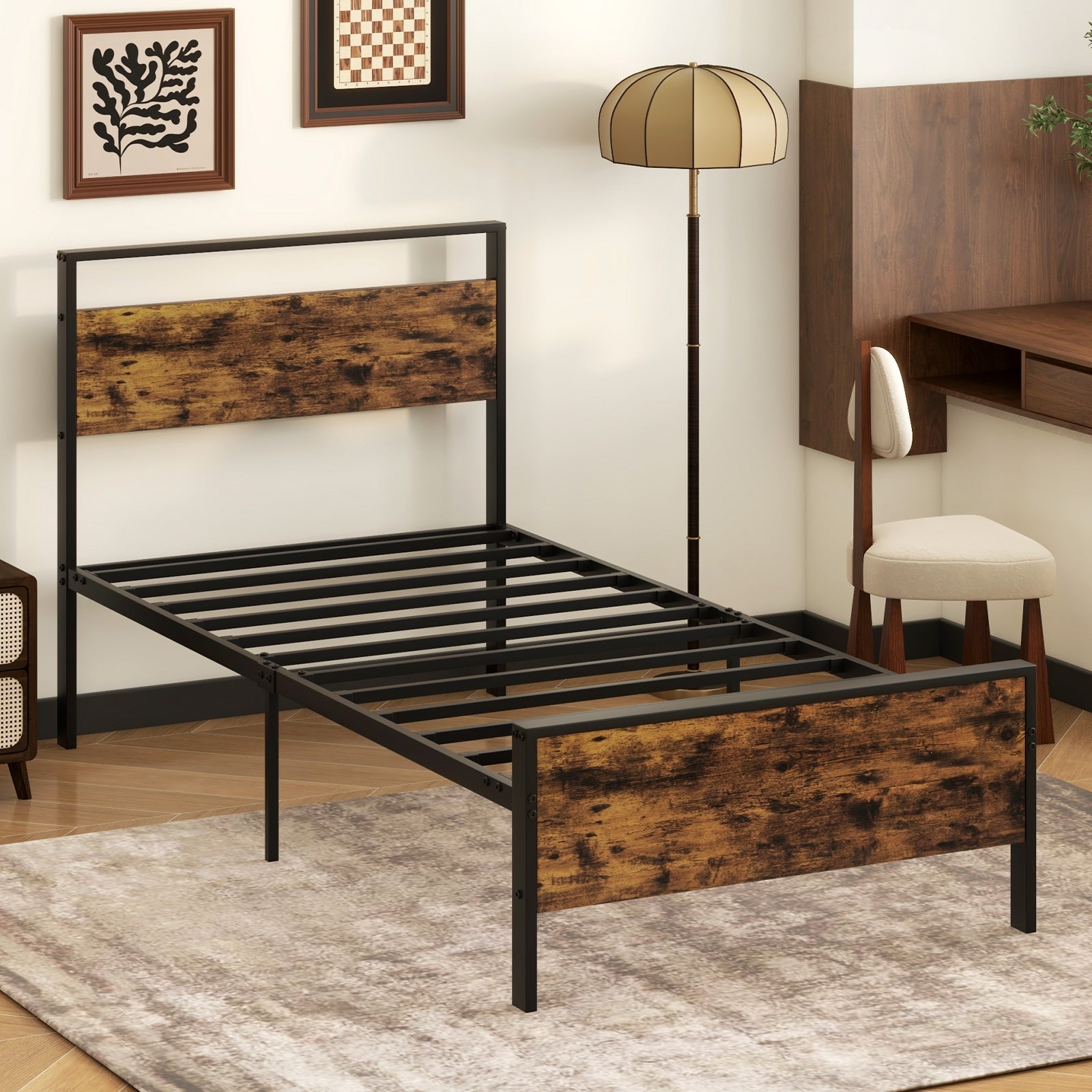 Twin Metal Bed Frame Industrial Platform Bed with Wooden Headboard-Twin Size, Rustic Brown Simple Bed Frame at Gallery Canada