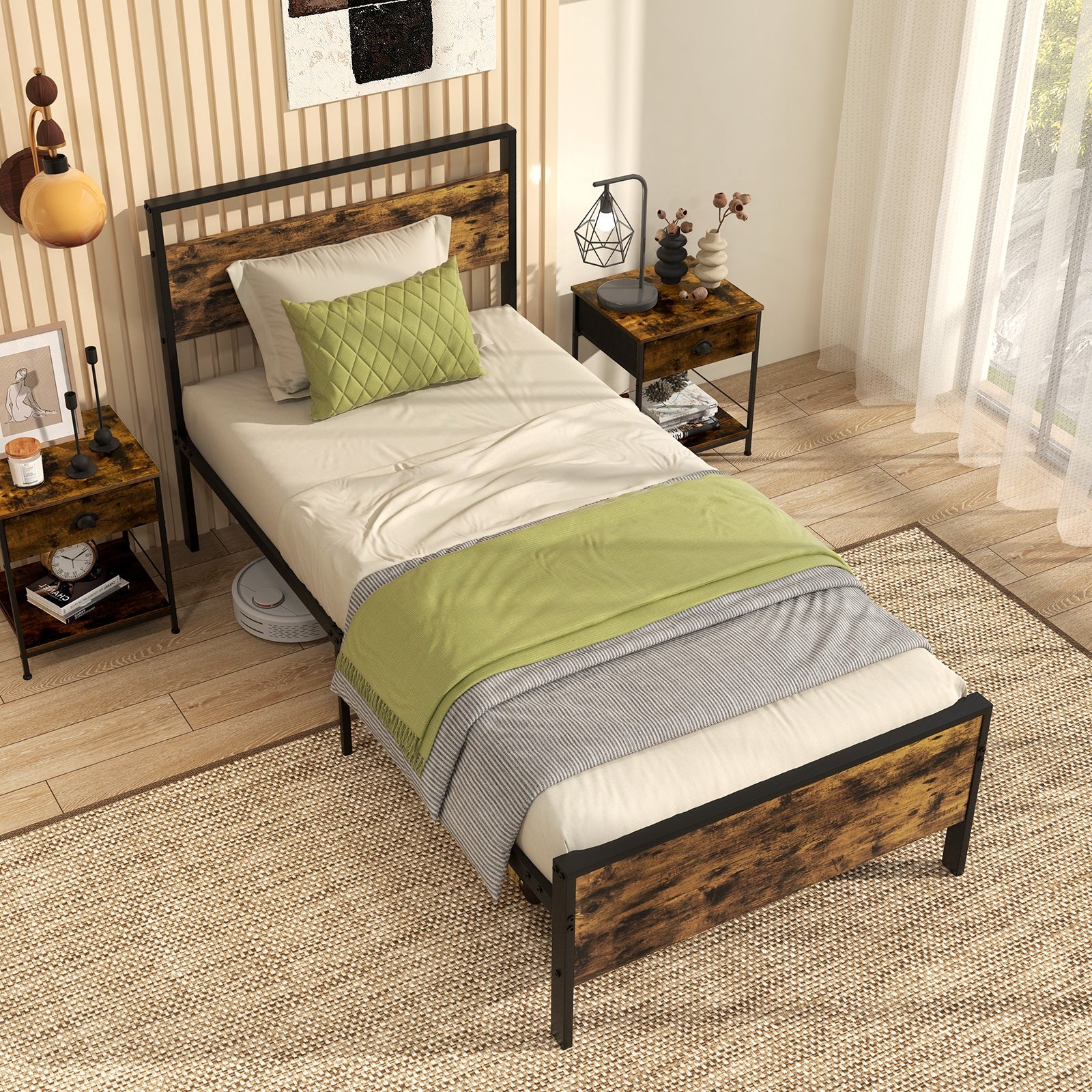 Twin Metal Bed Frame Industrial Platform Bed with Wooden Headboard-Twin Size, Rustic Brown Simple Bed Frame at Gallery Canada