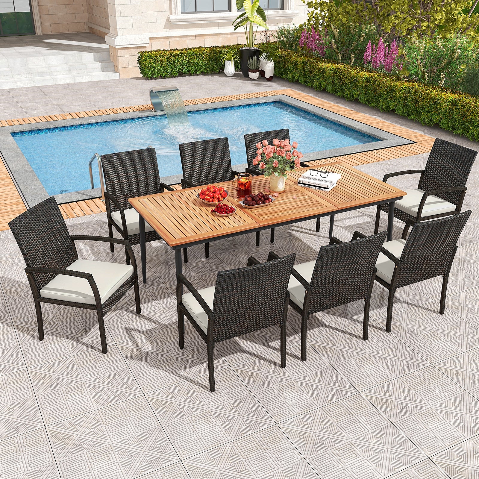 9-Piece Patio Dining Set with Umbrella Hole and 8 Rattan-woven Dining Chairs with Seat Cushions, Natural Patio Dining Sets   at Gallery Canada