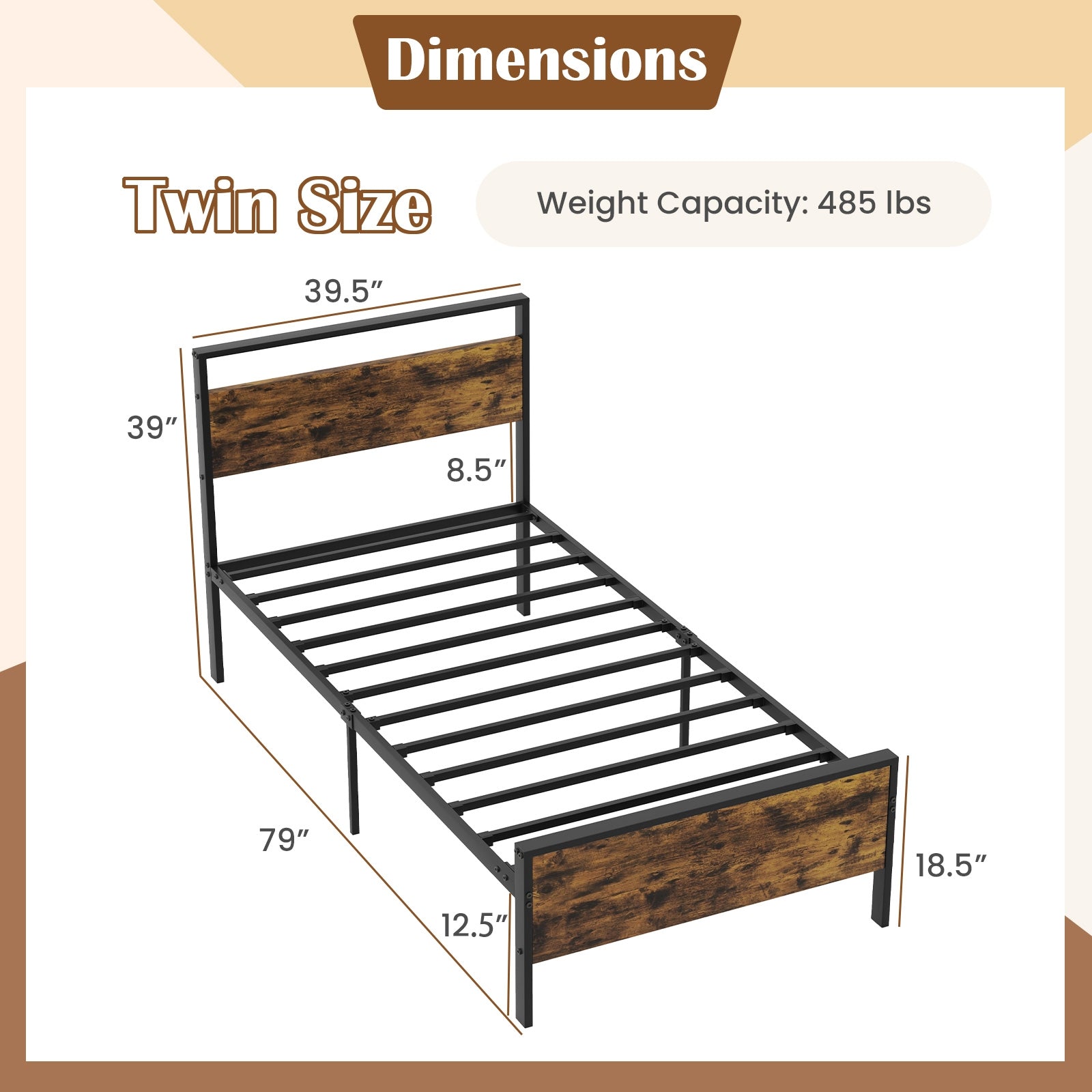 Twin Metal Bed Frame Industrial Platform Bed with Wooden Headboard-Twin Size, Rustic Brown Simple Bed Frame at Gallery Canada