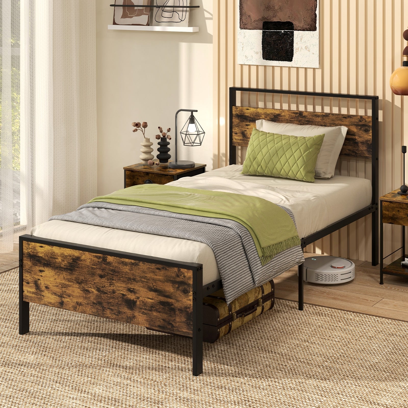 Twin Metal Bed Frame Industrial Platform Bed with Wooden Headboard-Twin Size, Rustic Brown Simple Bed Frame at Gallery Canada