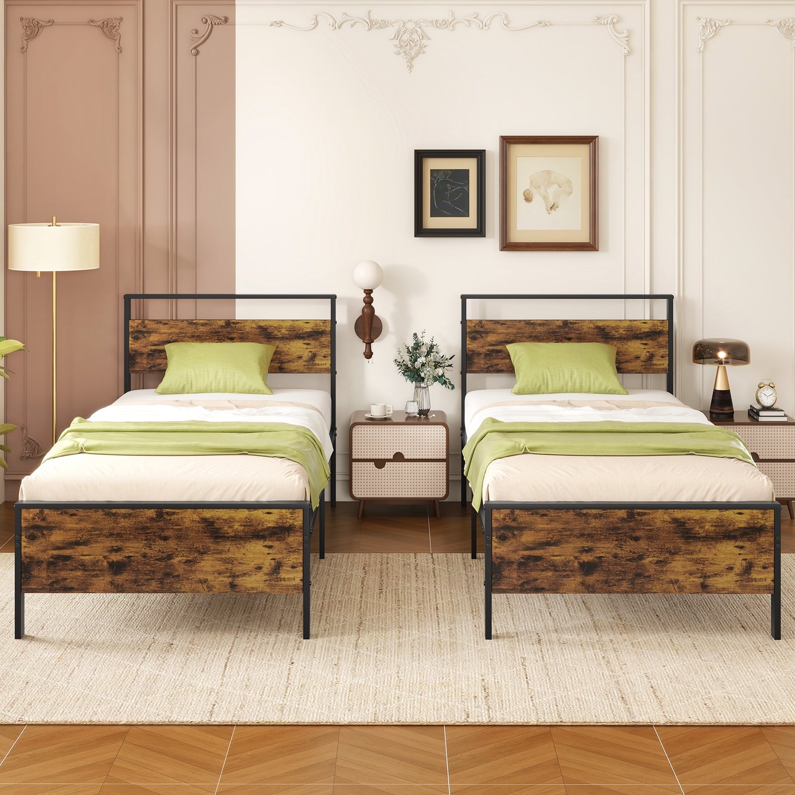 Twin Metal Bed Frame Industrial Platform Bed with Wooden Headboard-Twin Size, Rustic Brown Simple Bed Frame at Gallery Canada