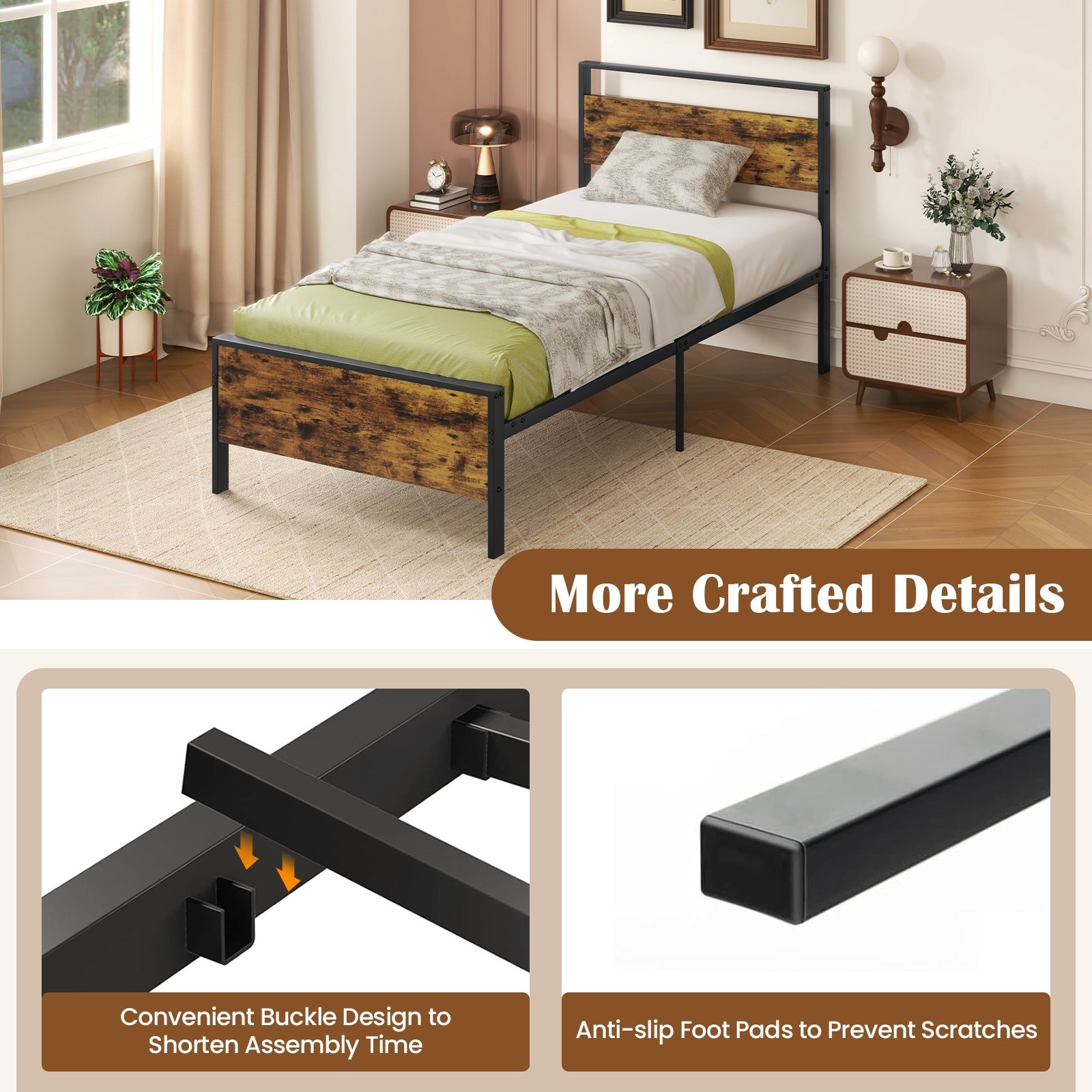 Twin Metal Bed Frame Industrial Platform Bed with Wooden Headboard-Twin Size, Rustic Brown Simple Bed Frame at Gallery Canada
