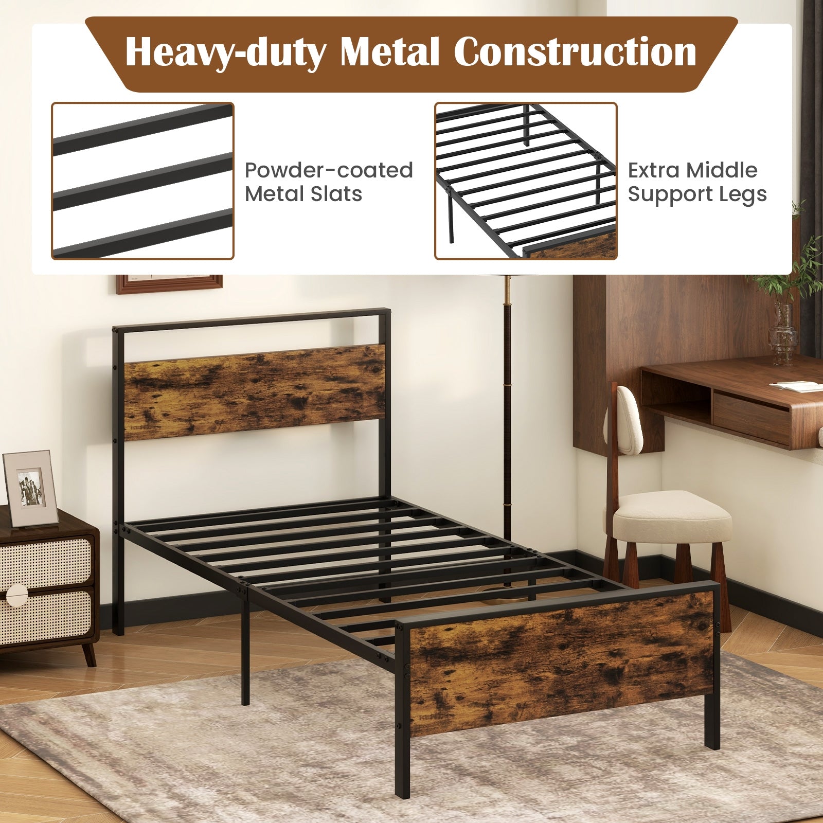 Twin Metal Bed Frame Industrial Platform Bed with Wooden Headboard-Twin Size, Rustic Brown Simple Bed Frame at Gallery Canada