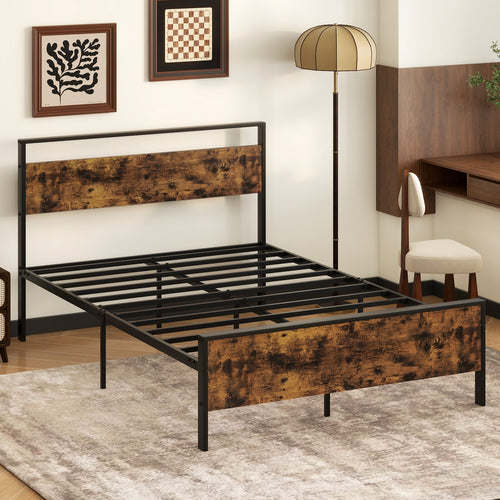 Full Metal Bed Frame Industrial Platform Bed with Wooden Headboard-Full Size, Rustic Brown
