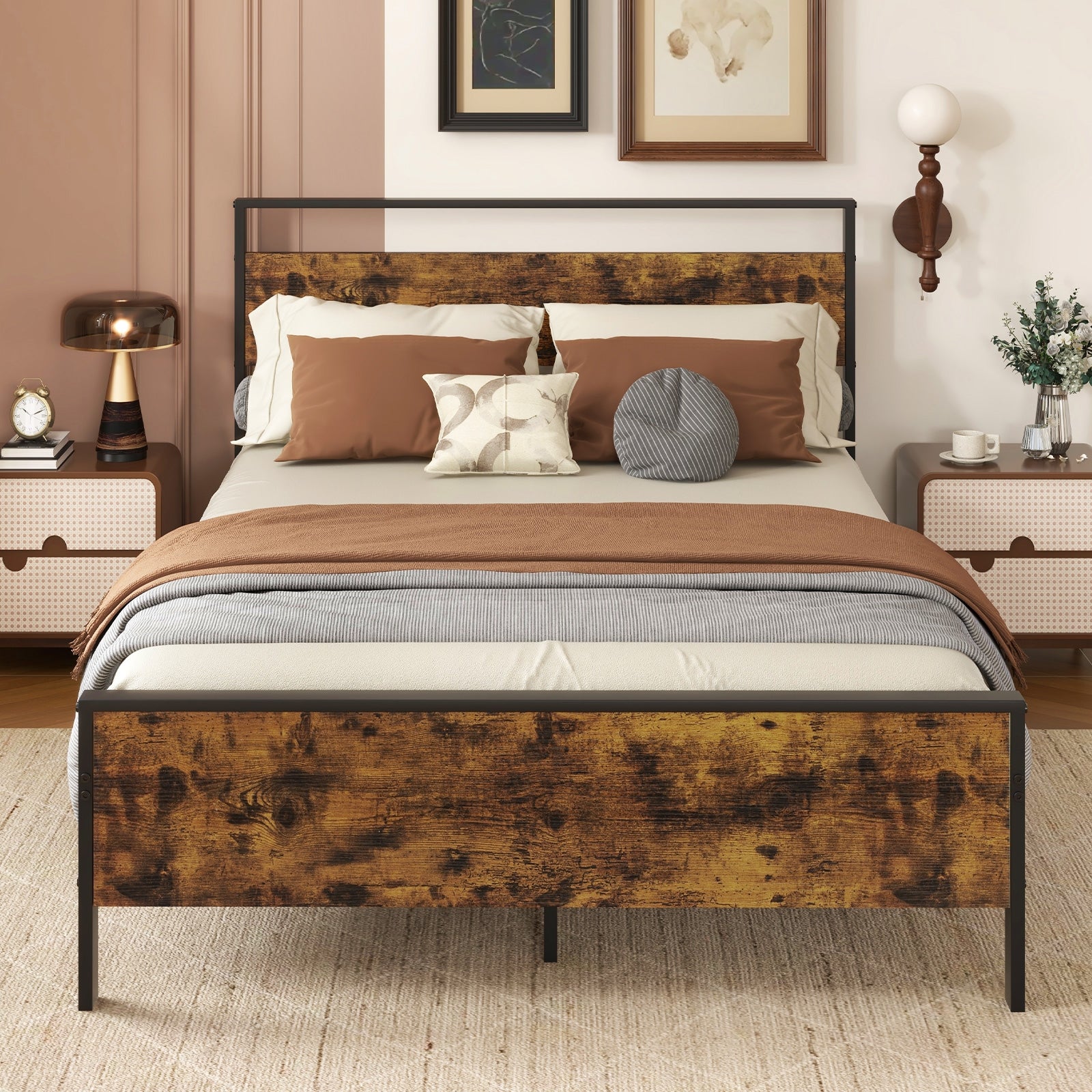 Full Metal Bed Frame Industrial Platform Bed with Wooden Headboard-Full Size, Rustic Brown Simple Bed Frame at Gallery Canada