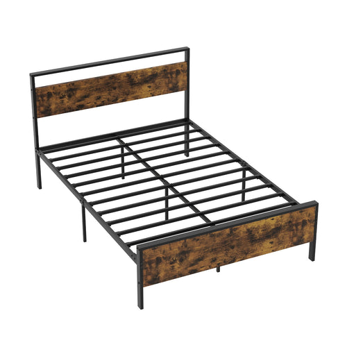 Full Metal Bed Frame Industrial Platform Bed with Wooden Headboard-Full Size, Rustic Brown