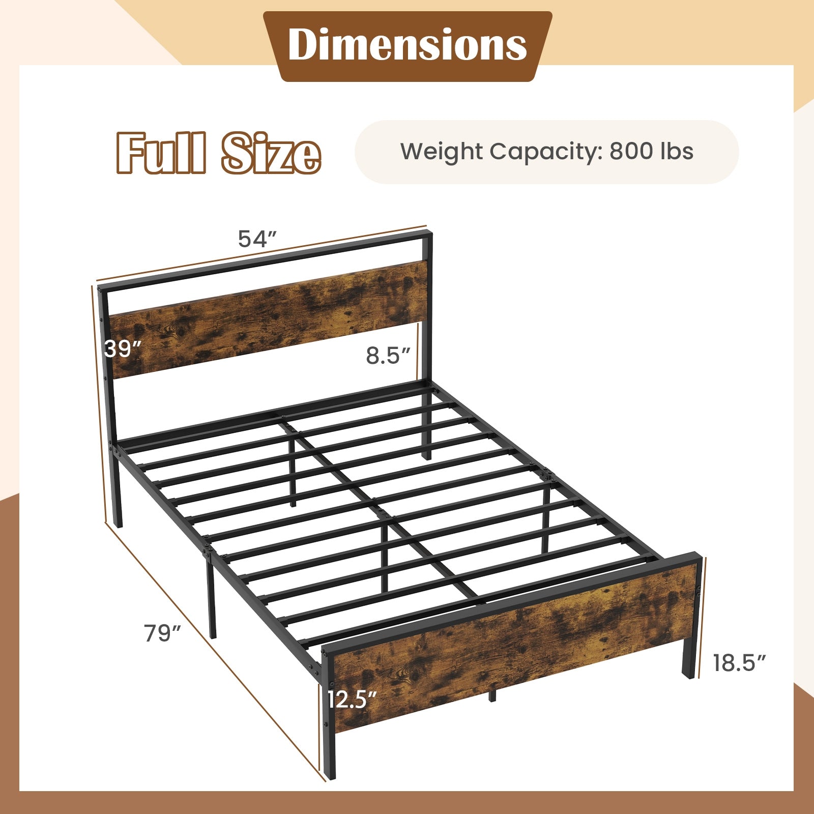 Full Metal Bed Frame Industrial Platform Bed with Wooden Headboard-Full Size, Rustic Brown Simple Bed Frame at Gallery Canada