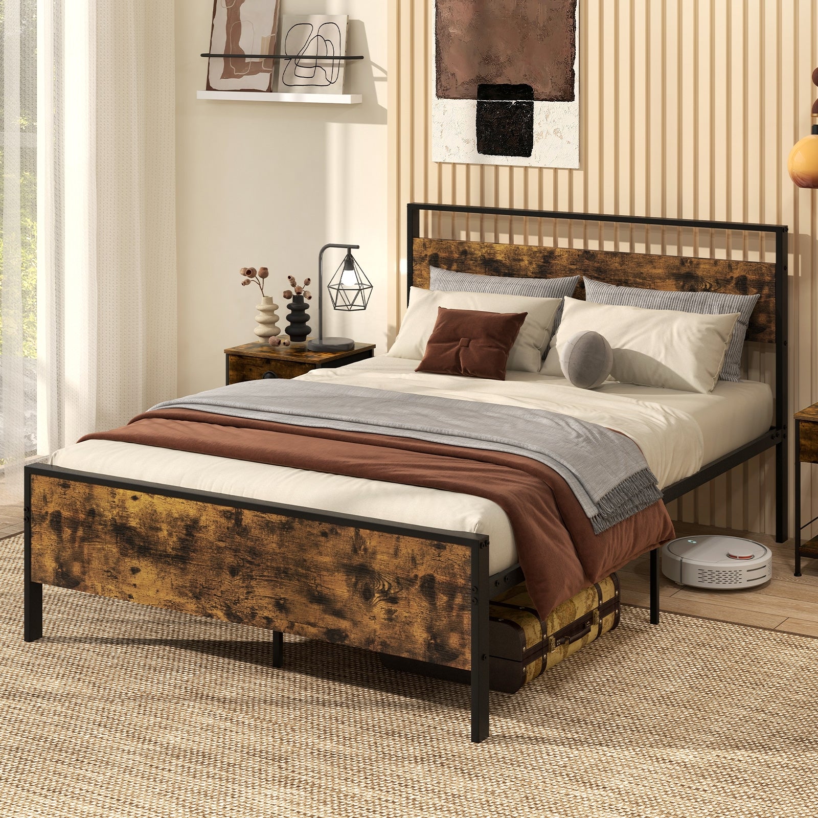 Full Metal Bed Frame Industrial Platform Bed with Wooden Headboard-Full Size, Rustic Brown Simple Bed Frame at Gallery Canada