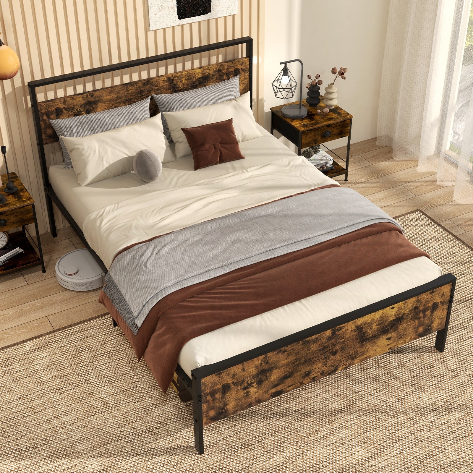 Full Metal Bed Frame Industrial Platform Bed with Wooden Headboard-Full Size, Rustic Brown Simple Bed Frame at Gallery Canada