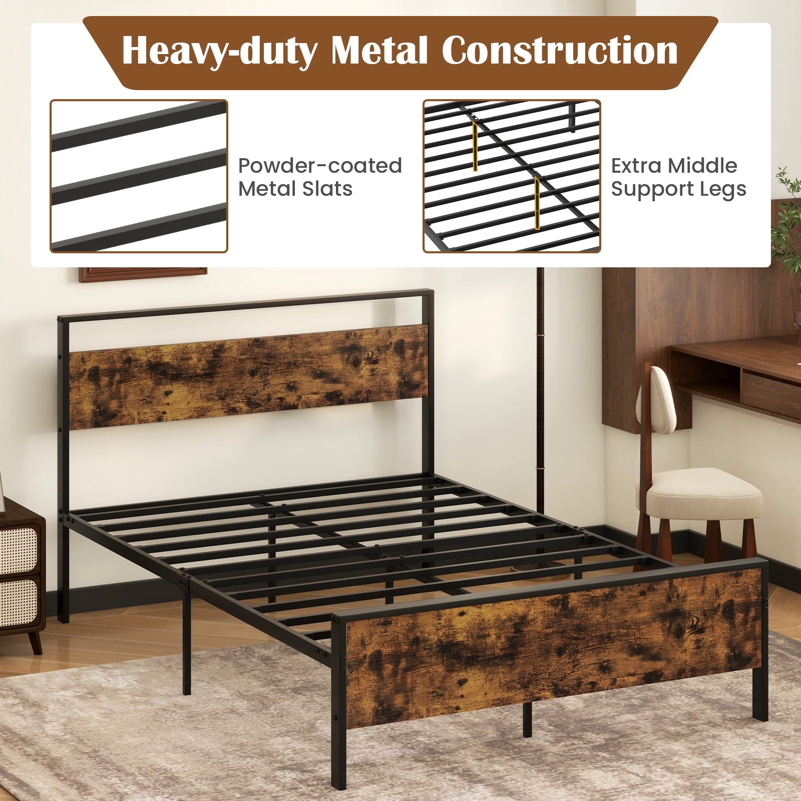 Full Metal Bed Frame Industrial Platform Bed with Wooden Headboard-Full Size, Rustic Brown Simple Bed Frame at Gallery Canada