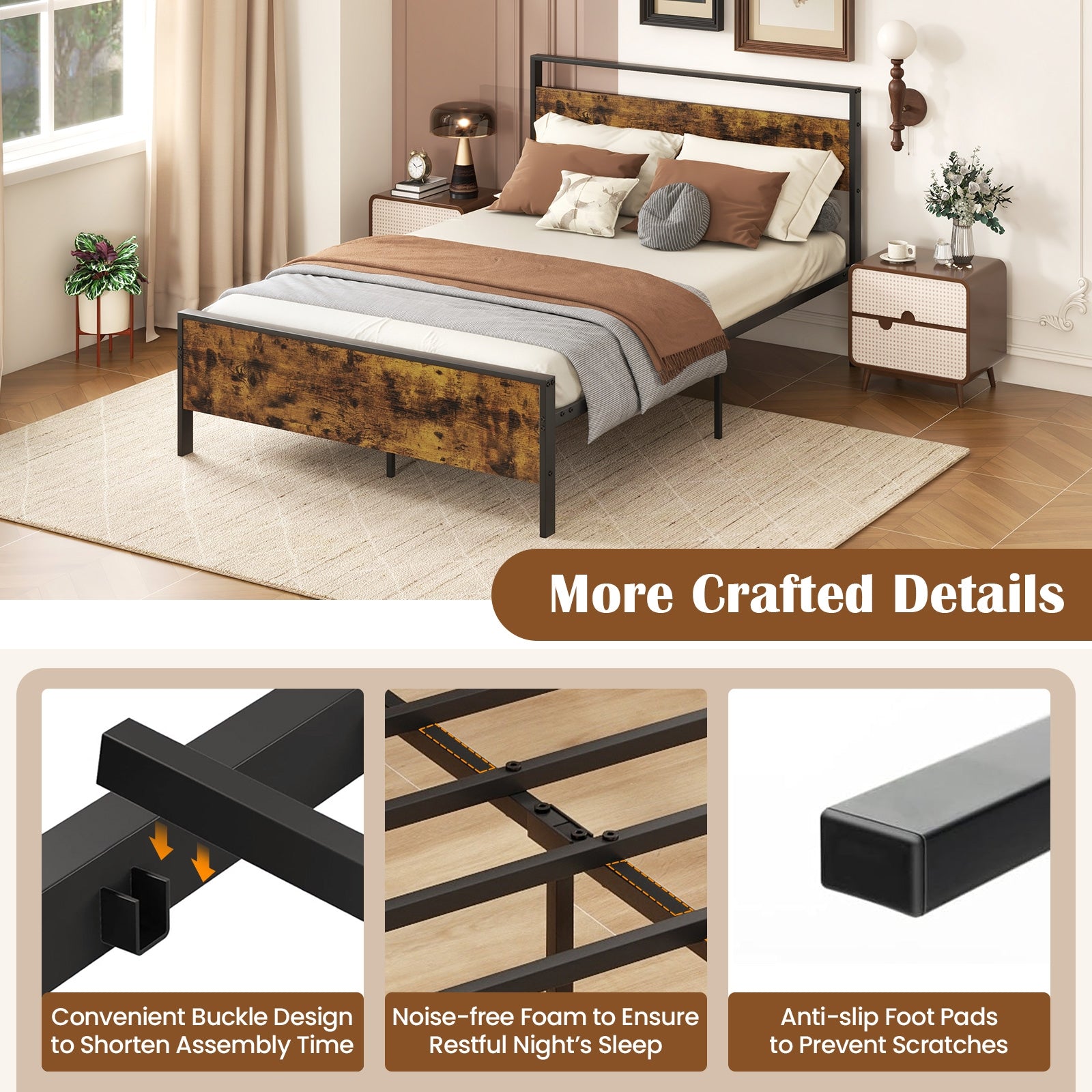 Full Metal Bed Frame Industrial Platform Bed with Wooden Headboard-Full Size, Rustic Brown Simple Bed Frame at Gallery Canada