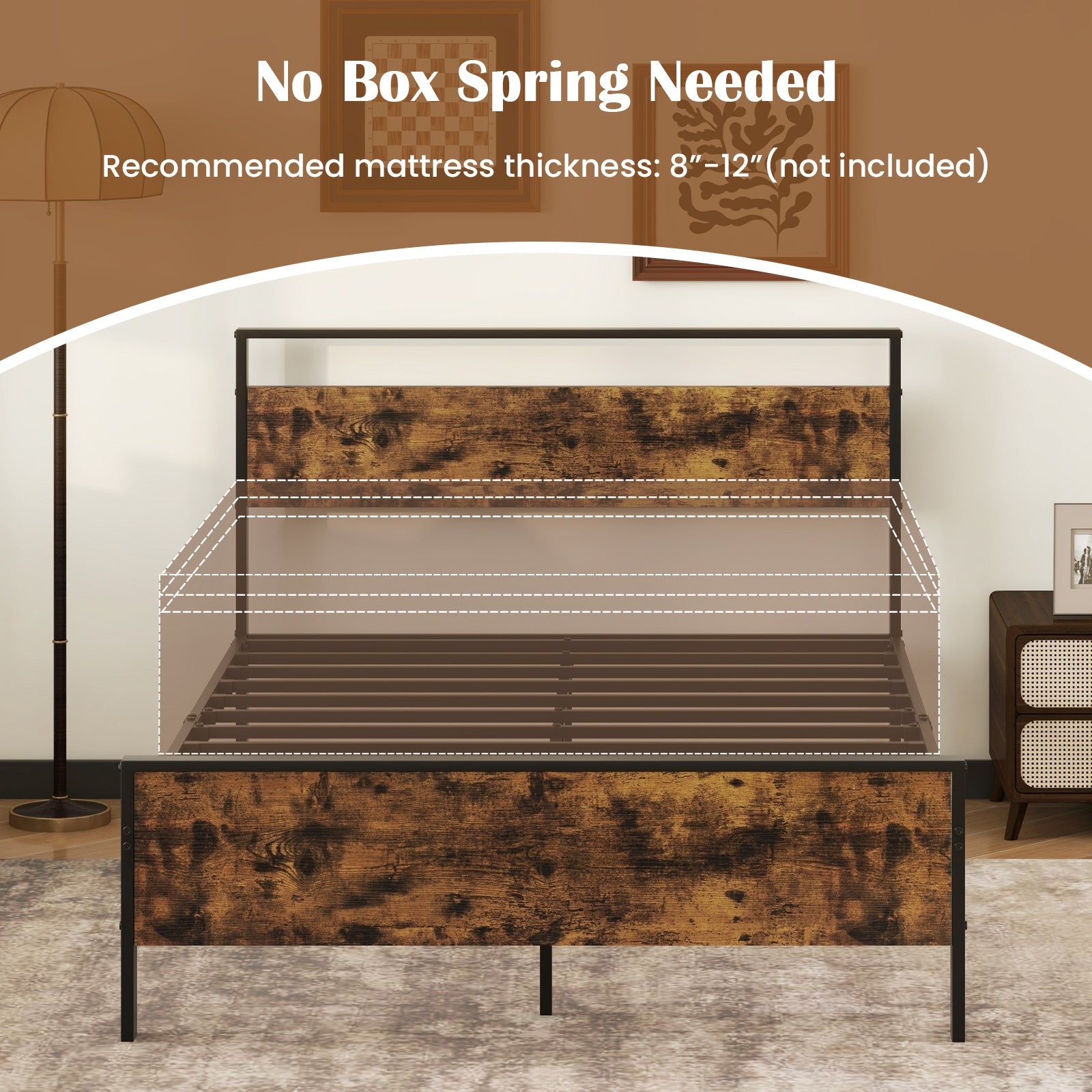 Full Metal Bed Frame Industrial Platform Bed with Wooden Headboard-Full Size, Rustic Brown Simple Bed Frame at Gallery Canada