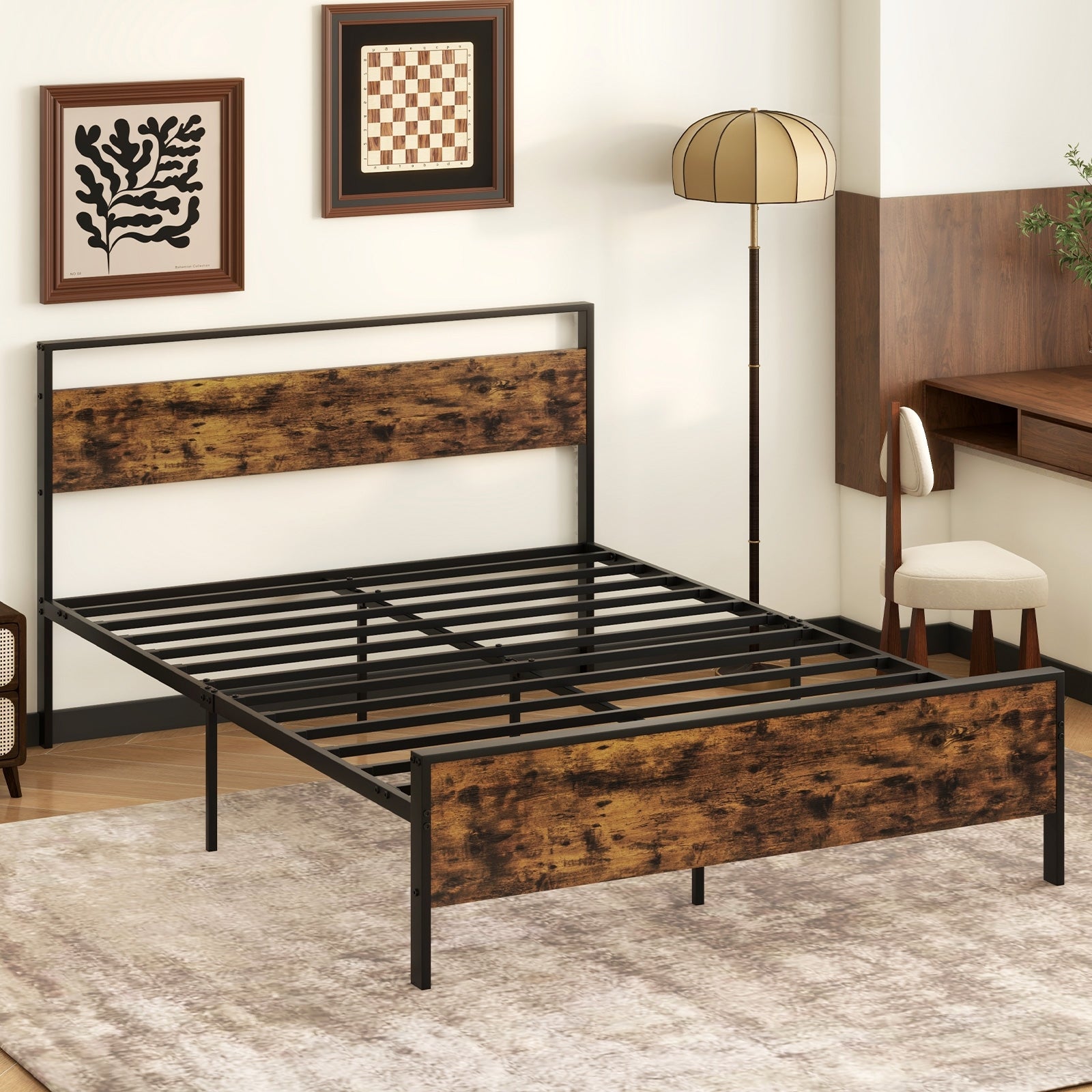 Queen Metal Bed Frame Industrial Platform Bed with Wooden Headboard-Queen Size, Rustic Brown Simple Bed Frame at Gallery Canada