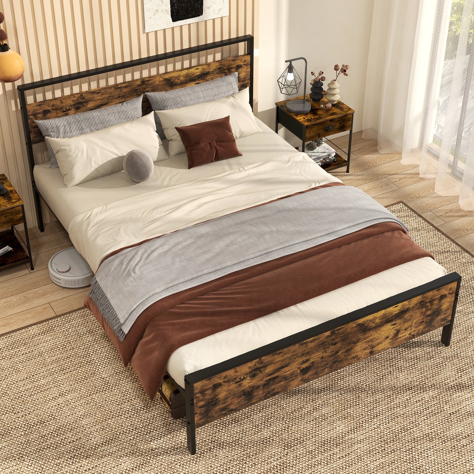 Queen Metal Bed Frame Industrial Platform Bed with Wooden Headboard-Queen Size, Rustic Brown Simple Bed Frame at Gallery Canada