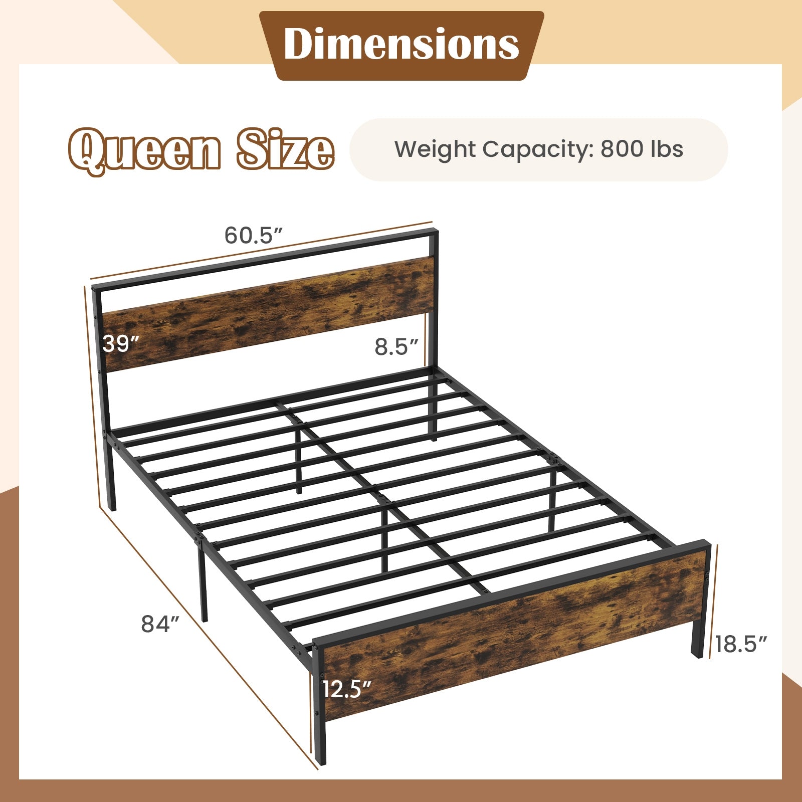 Queen Metal Bed Frame Industrial Platform Bed with Wooden Headboard-Queen Size, Rustic Brown Simple Bed Frame at Gallery Canada