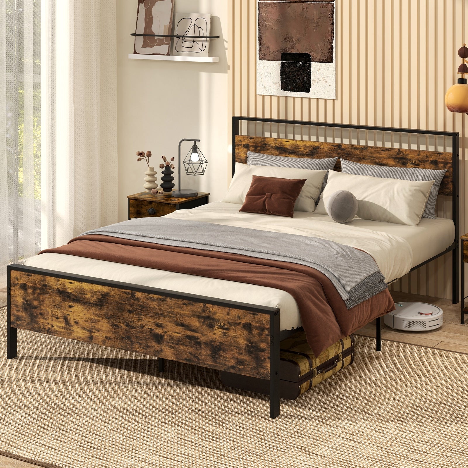 Queen Metal Bed Frame Industrial Platform Bed with Wooden Headboard-Queen Size, Rustic Brown Simple Bed Frame at Gallery Canada