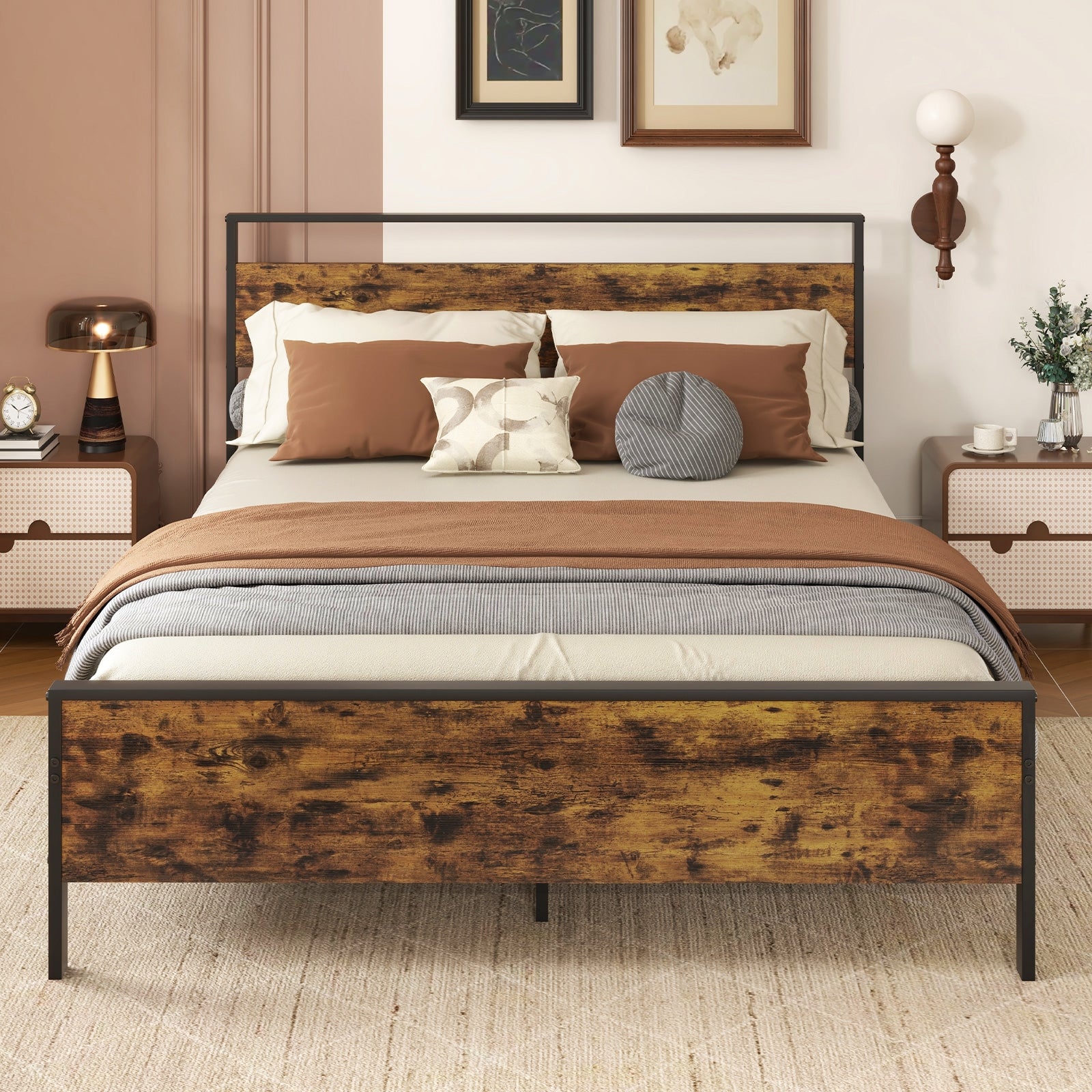 Queen Metal Bed Frame Industrial Platform Bed with Wooden Headboard-Queen Size, Rustic Brown Simple Bed Frame at Gallery Canada