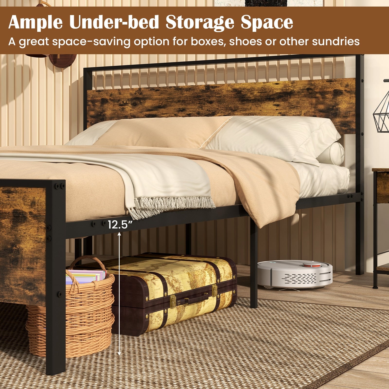 Queen Metal Bed Frame Industrial Platform Bed with Wooden Headboard-Queen Size, Rustic Brown Simple Bed Frame at Gallery Canada
