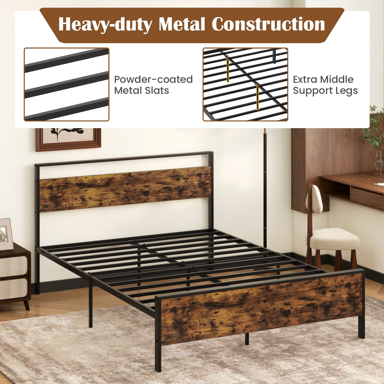 Queen Metal Bed Frame Industrial Platform Bed with Wooden Headboard-Queen Size, Rustic Brown Simple Bed Frame at Gallery Canada