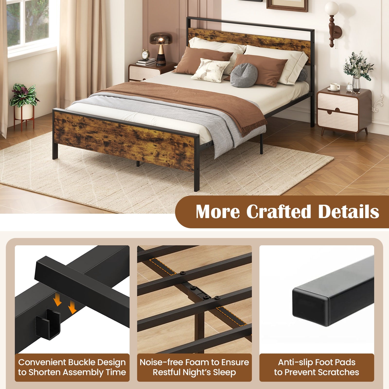 Queen Metal Bed Frame Industrial Platform Bed with Wooden Headboard-Queen Size, Rustic Brown Simple Bed Frame at Gallery Canada