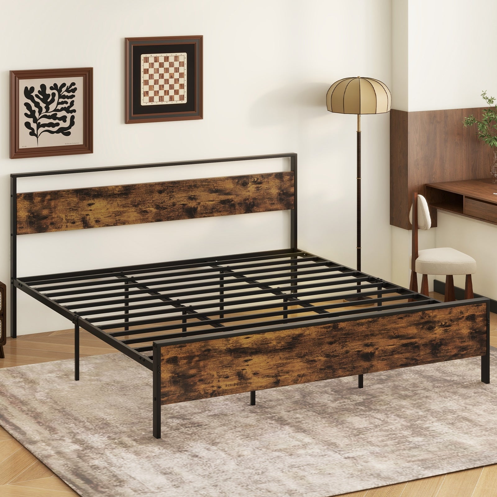 King Metal Bed Frame Industrial Platform Bed with Wooden Headboard-King Size, Rustic Brown Simple Bed Frame at Gallery Canada