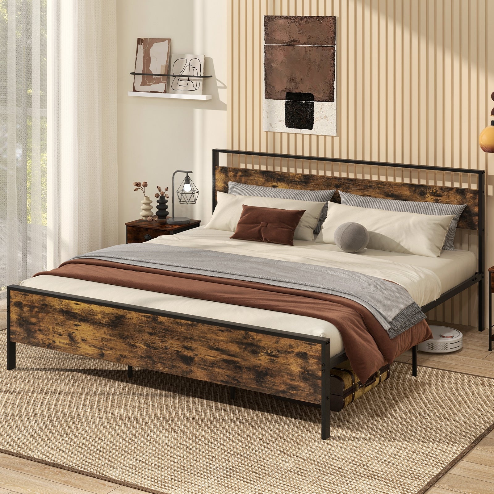 King Metal Bed Frame Industrial Platform Bed with Wooden Headboard-King Size, Rustic Brown Simple Bed Frame at Gallery Canada
