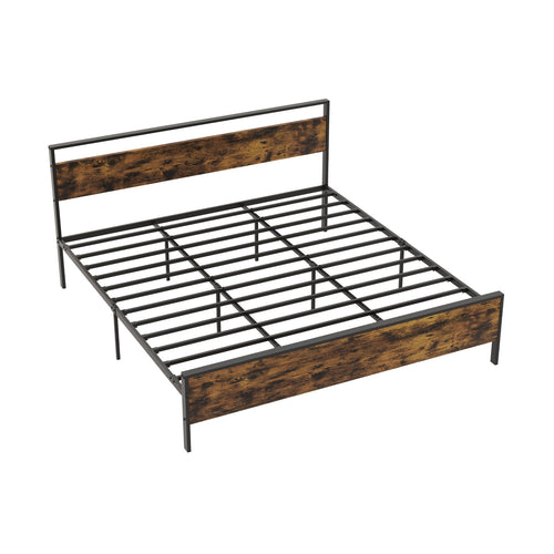 King Metal Bed Frame Industrial Platform Bed with Wooden Headboard-King Size, Rustic Brown
