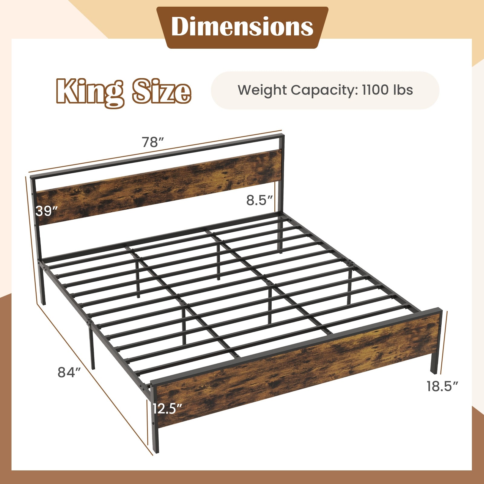 King Metal Bed Frame Industrial Platform Bed with Wooden Headboard-King Size, Rustic Brown Simple Bed Frame at Gallery Canada