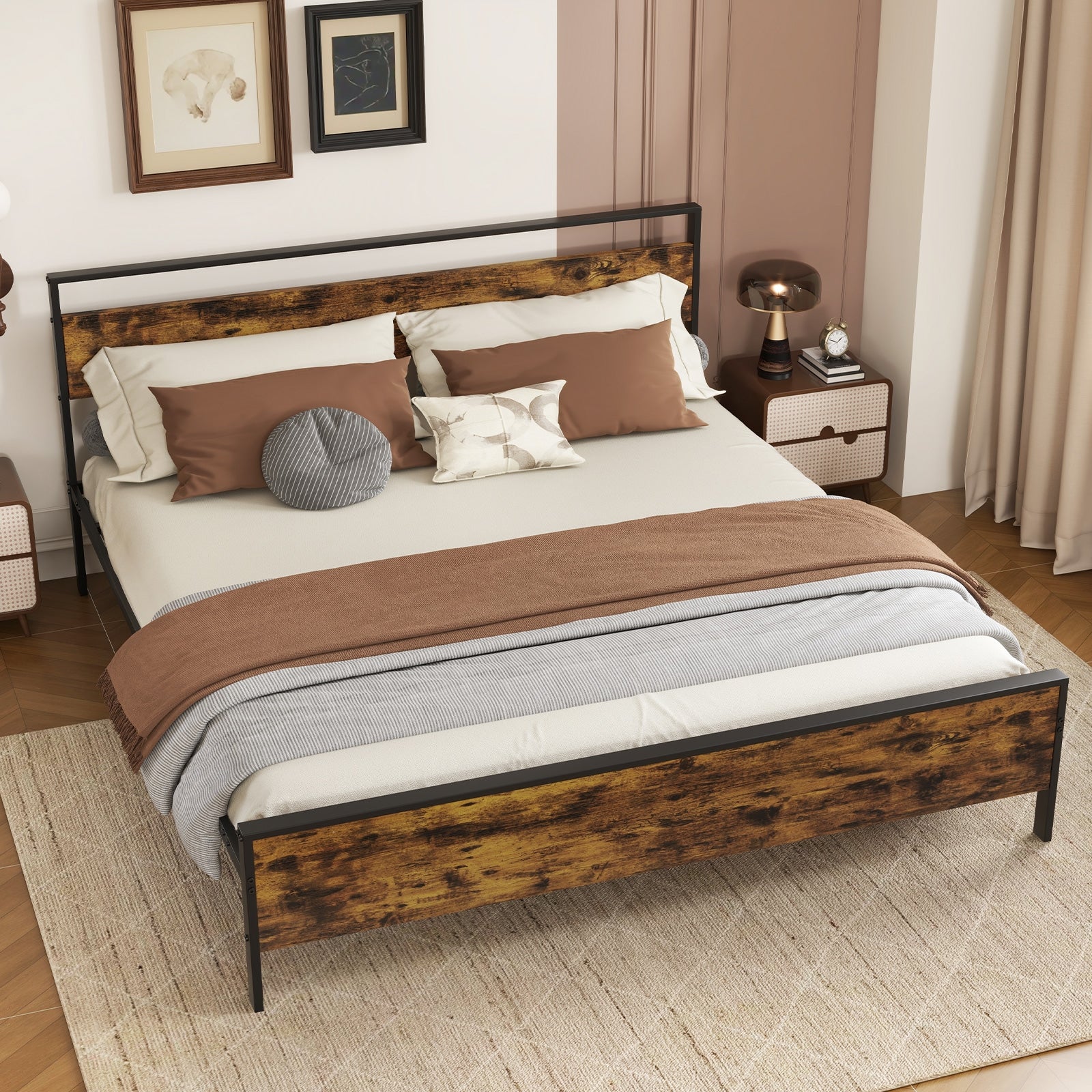 King Metal Bed Frame Industrial Platform Bed with Wooden Headboard-King Size, Rustic Brown Simple Bed Frame at Gallery Canada
