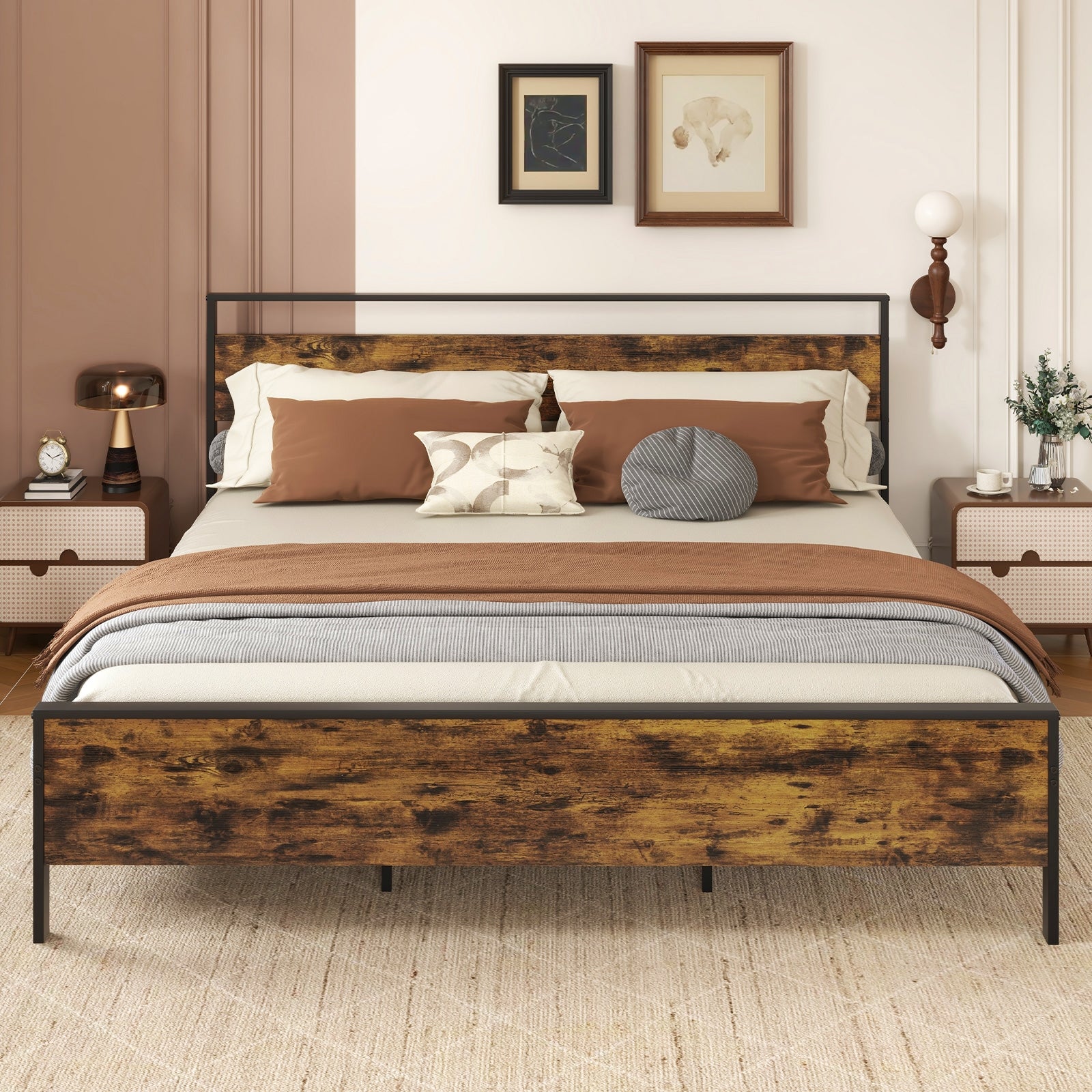 King Metal Bed Frame Industrial Platform Bed with Wooden Headboard-King Size, Rustic Brown Simple Bed Frame at Gallery Canada