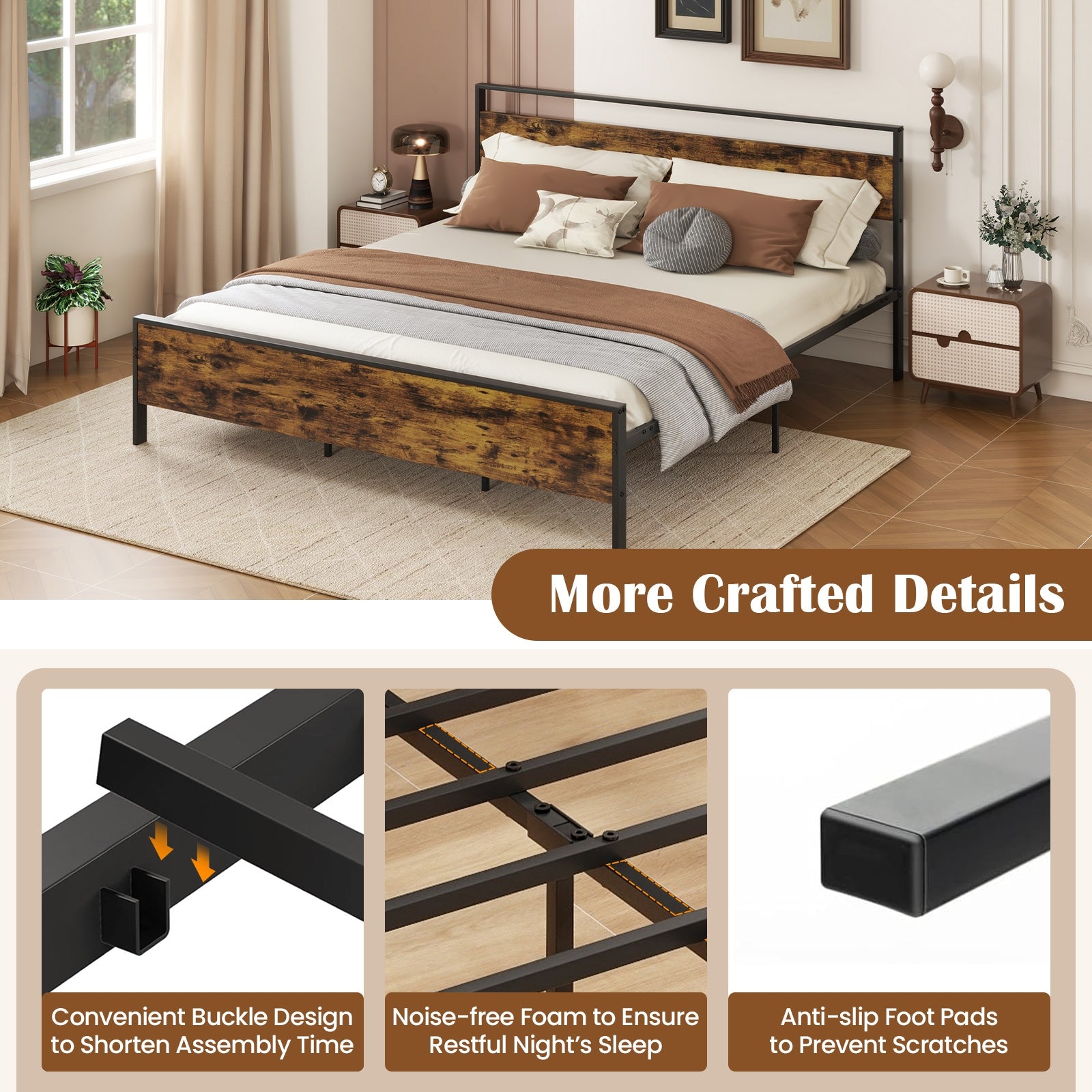 King Metal Bed Frame Industrial Platform Bed with Wooden Headboard-King Size, Rustic Brown Simple Bed Frame at Gallery Canada